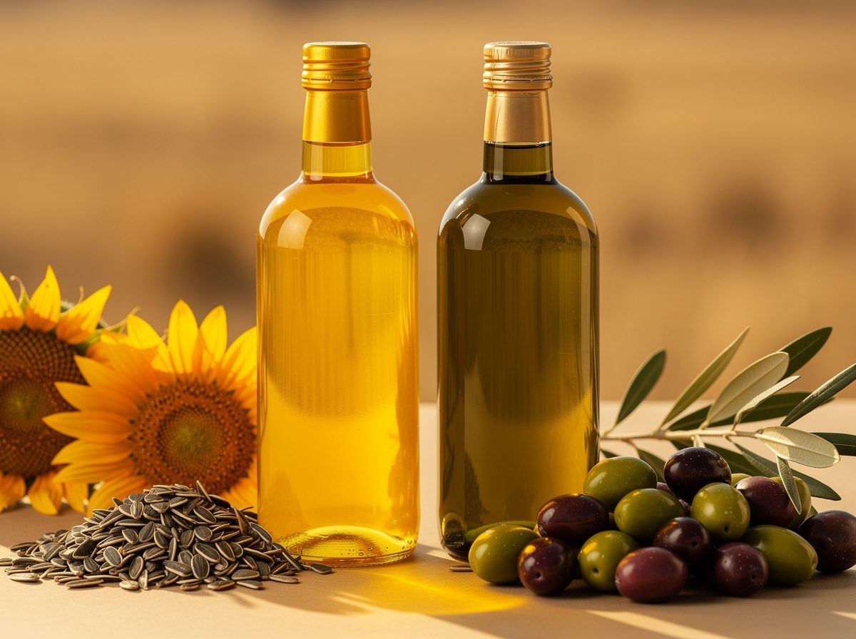زجاجتا زيت دوار الشمس وزيت الزيتون بجوار زهور دوار الشمس وحبات الزيتون